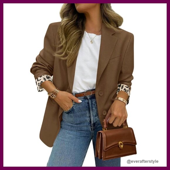 Jackets & Blazers - Leopard Print Lined Blazer Elegant Office Work Wear Open Front Tailored Fit